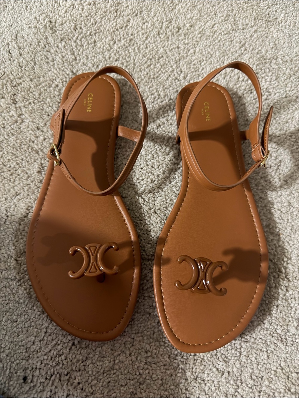 Celine Tan Leather Ankle-Strap Sandals with Raised Double C Logo